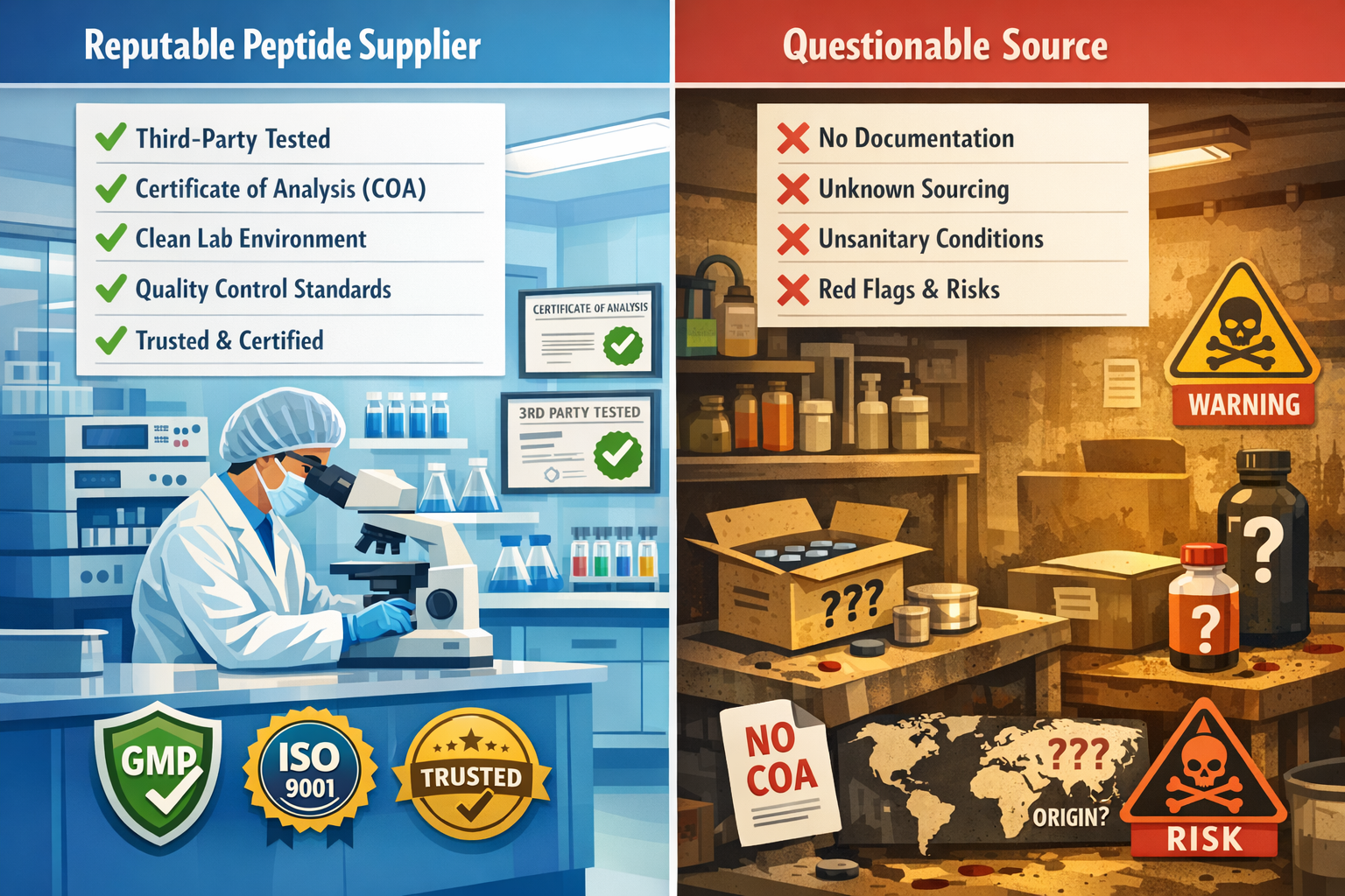 Detailed landscape illustration (1536x1024) showing split-screen comparison of legitimate peptide supplier characteristics versus questionab