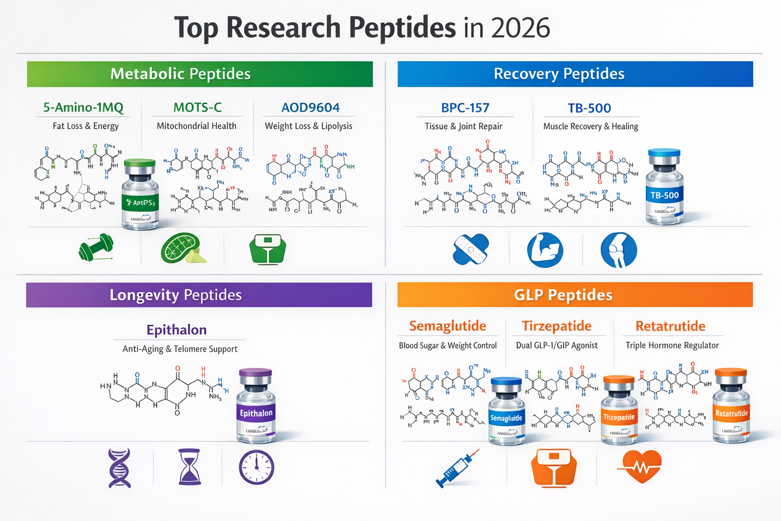 Detailed landscape visualization (1536x1024) showcasing popular research peptides available in 2026 market. Display organized grid layout fe