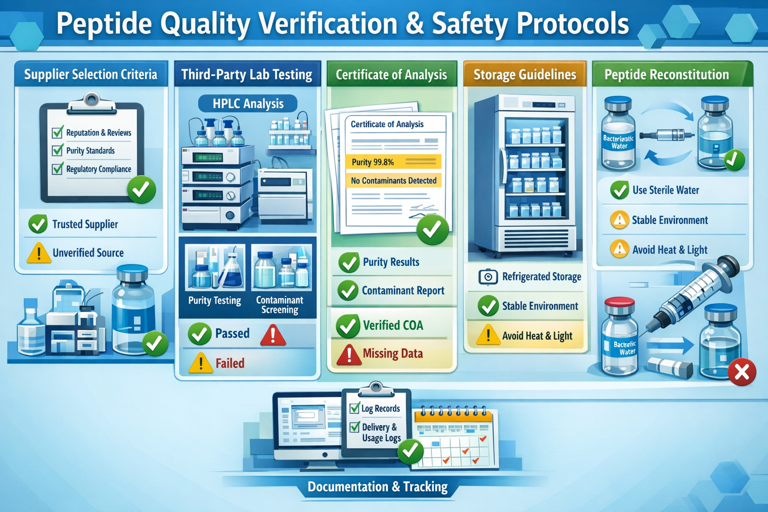 Comprehensive landscape infographic (1536x1024) illustrating peptide quality verification process and safety protocols. Show step-by-step vi
