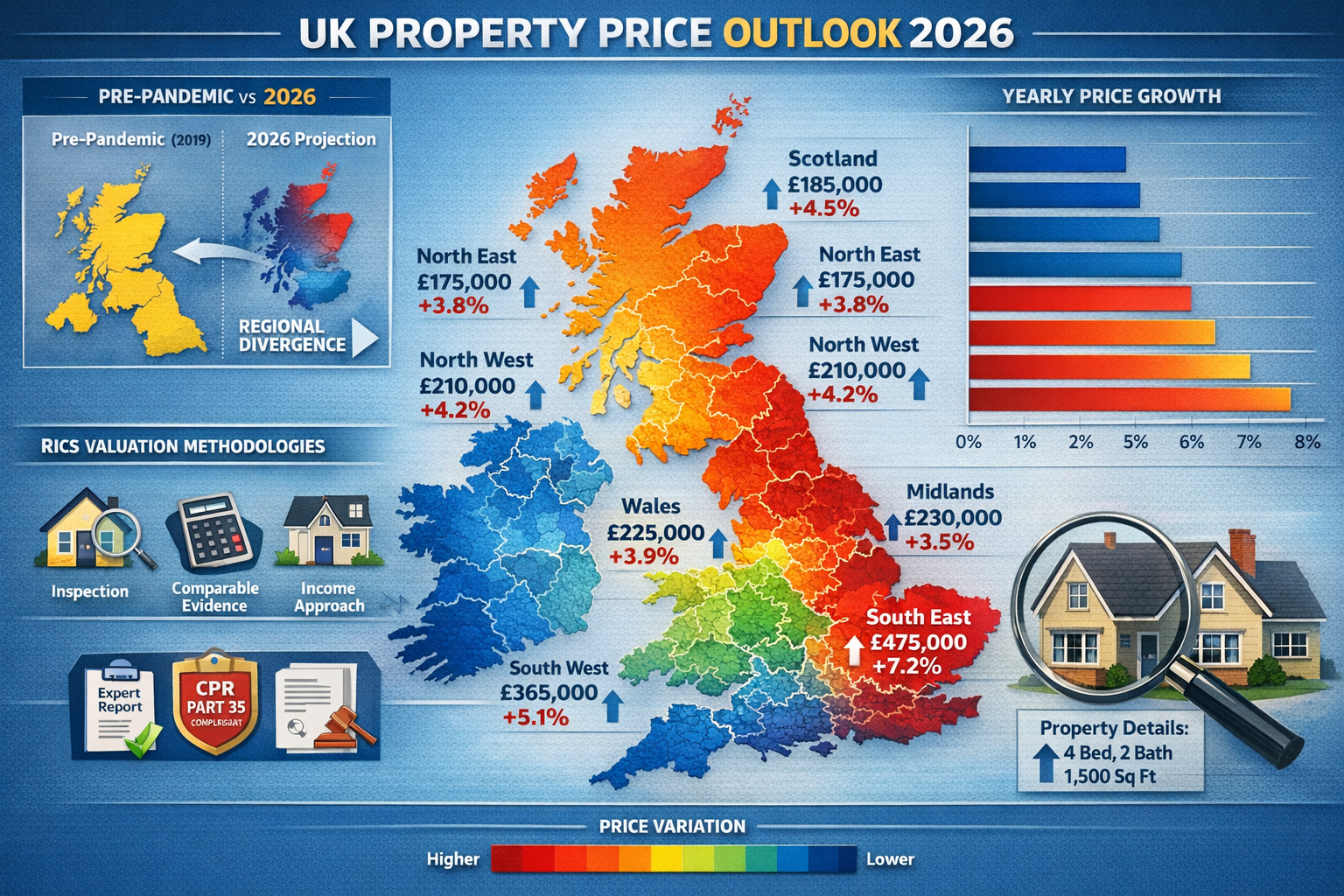 Landscape format (1536x1024) detailed infographic showing UK map with color-coded regional property price variations for 2026, featuring hea