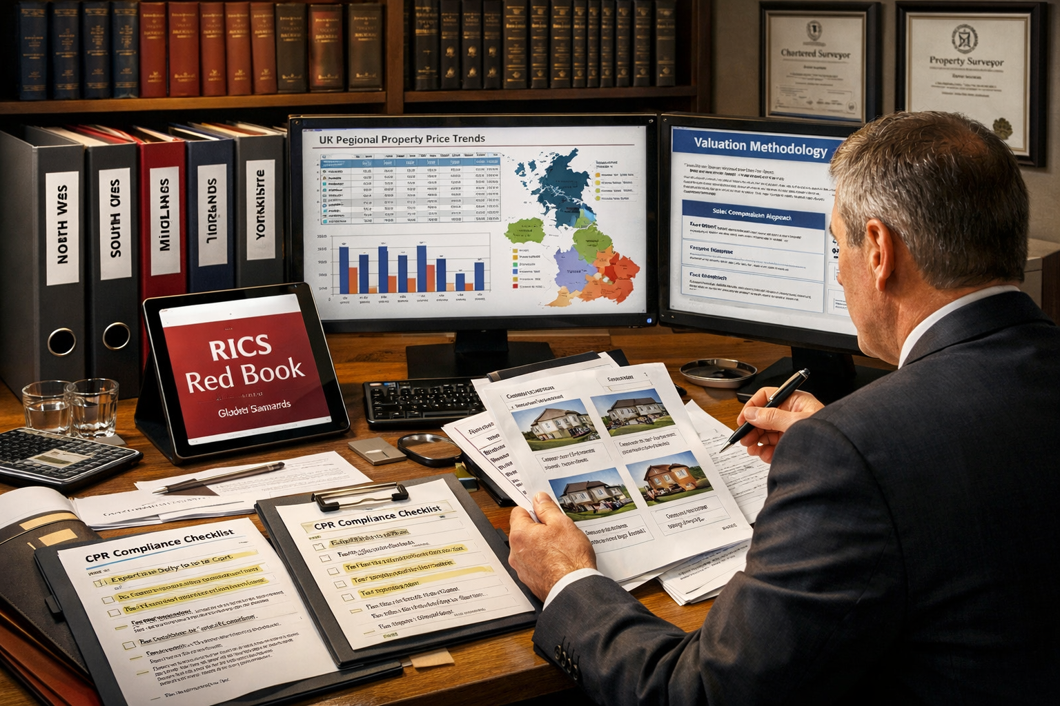 Landscape format (1536x1024) professional composition showing expert witness preparation scene with chartered surveyor reviewing comprehensi