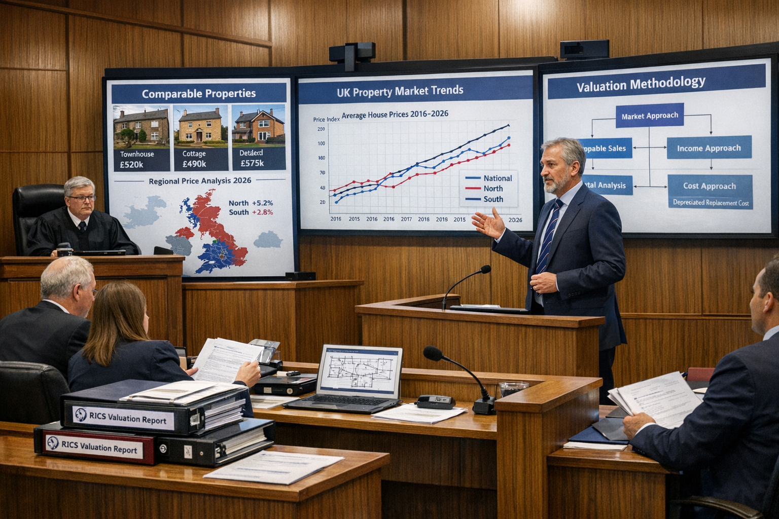 Landscape format (1536x1024) modern courtroom or tribunal setting showing expert witness testimony in progress for property valuation disput
