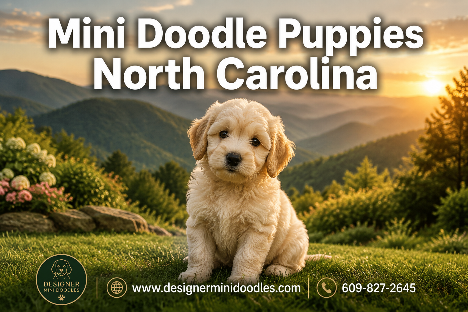 Professional () hero image featuring 'Mini Doodle Puppies North Carolina' in extra large white with dark effect, centered in