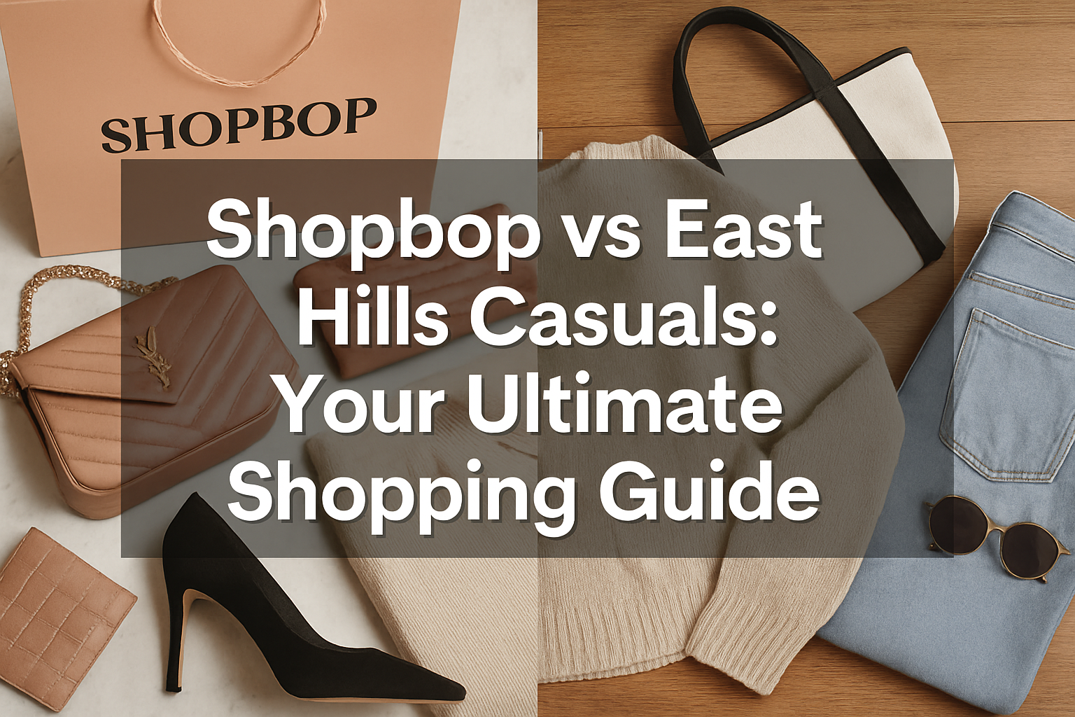 Professional landscape hero image (1536x1024) featuring bold text overlay 'Shopbop vs East Hills Casuals: Your Ultimate Shopping Guide' in e