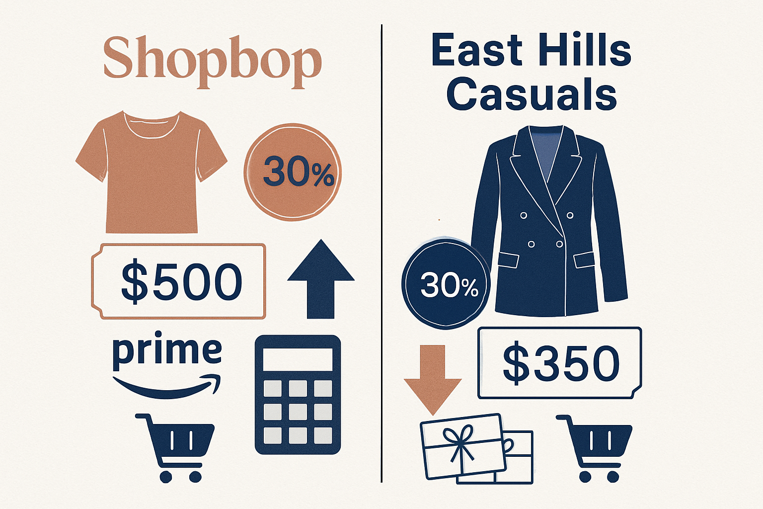 Detailed landscape image (1536x1024) showing price comparison infographic with two columns labeled 'Shopbop' and 'East Hills Casuals', featu