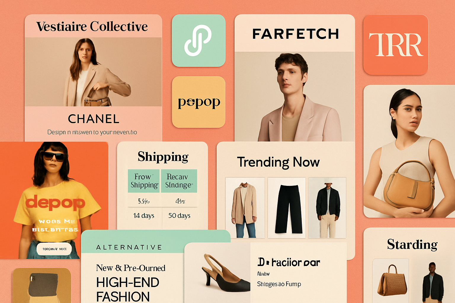 Landscape editorial image (1536x1024) displaying curated collection of alternative online shopping platforms as colorful website screenshots