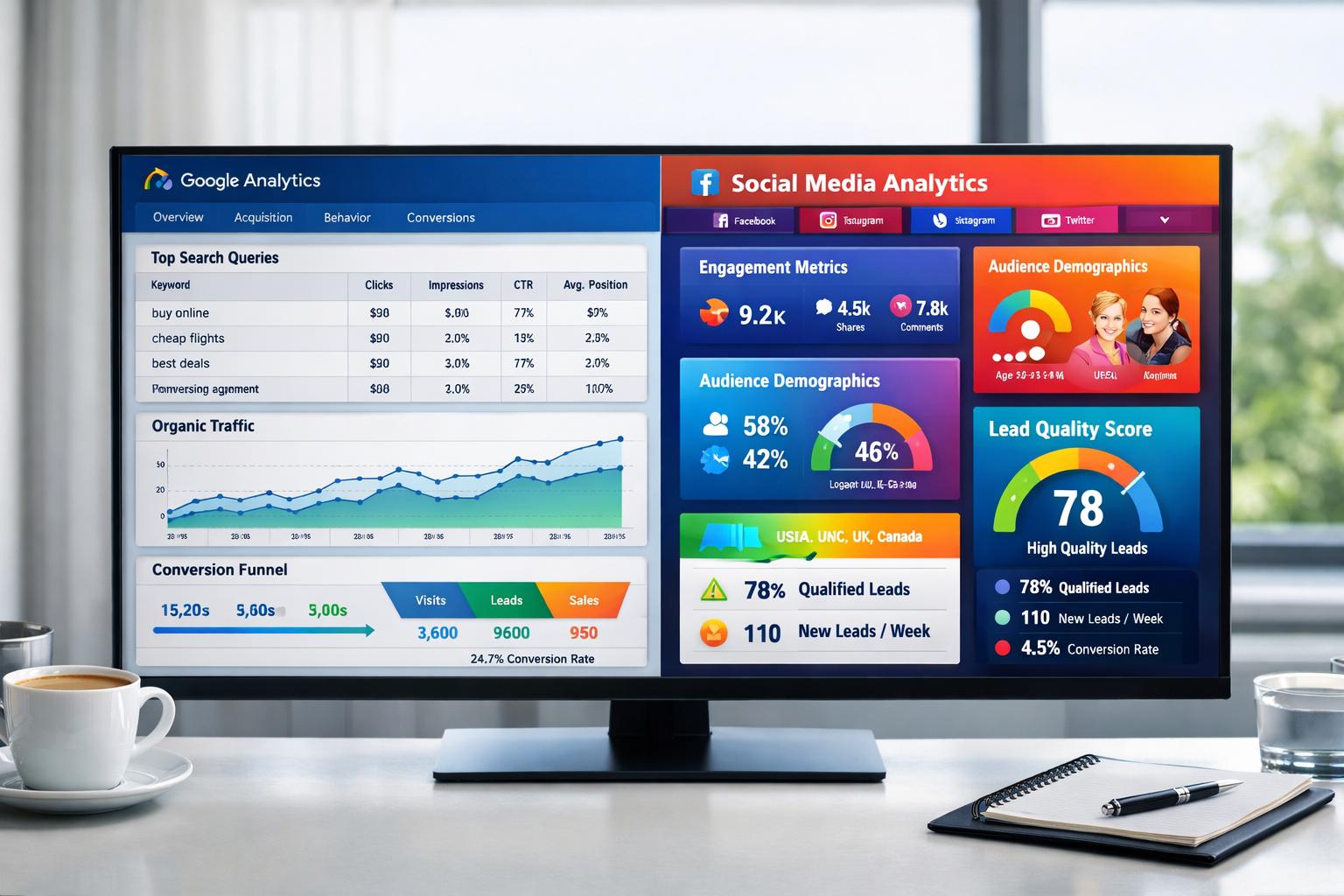 Wide landscape photograph showing a split-screen comparison dashboard on a modern desktop monitor, left side displaying Google Analytics tra