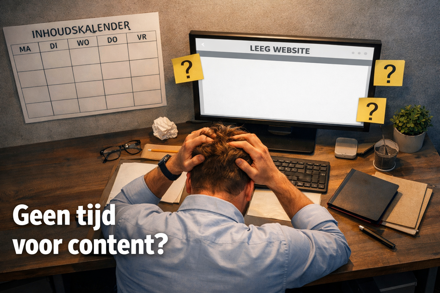 () editorial image showing a frustrated Dutch entrepreneur sitting at a desk surrounded by a blank website screen, sticky