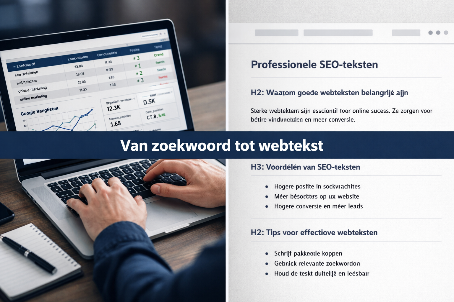 () split-screen editorial image: left side shows a freelance SEO copywriter typing on a laptop with visible keyword research