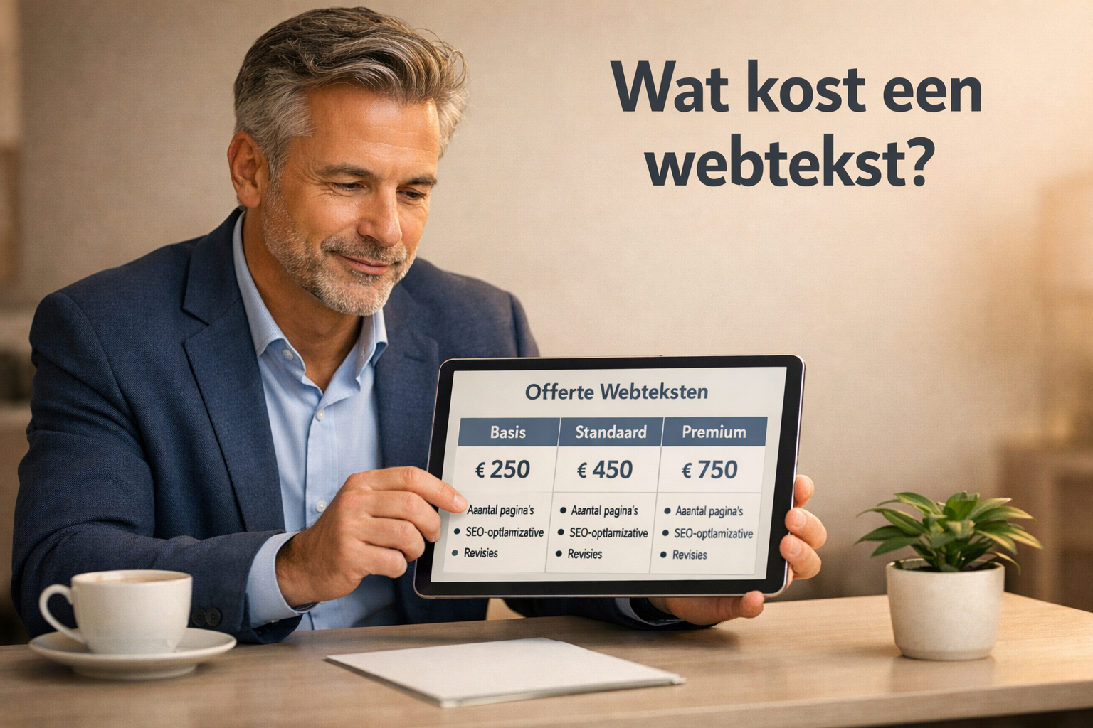 () editorial image of a confident Dutch ondernemer reviewing a price quote document on a tablet, seated at a minimalist desk