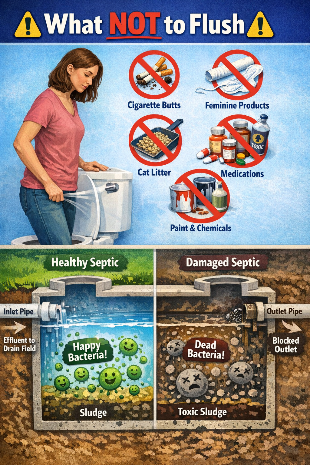 () infographic showing homeowner flushing inappropriate items down toilet - cigarette butts, feminine products, cat litter,