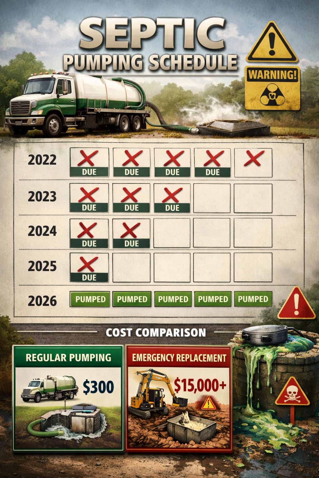 () calendar-style visual showing septic pumping schedule with years marked 2022-2026, red X marks over missed pumping dates,