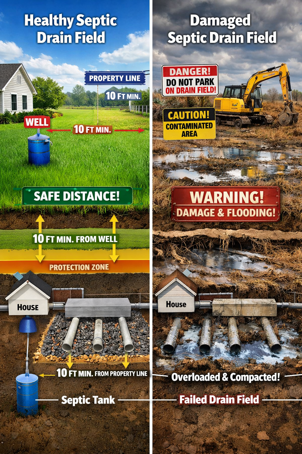 () split-screen comparison showing proper septic drain field with healthy green grass and proper spacing versus damaged