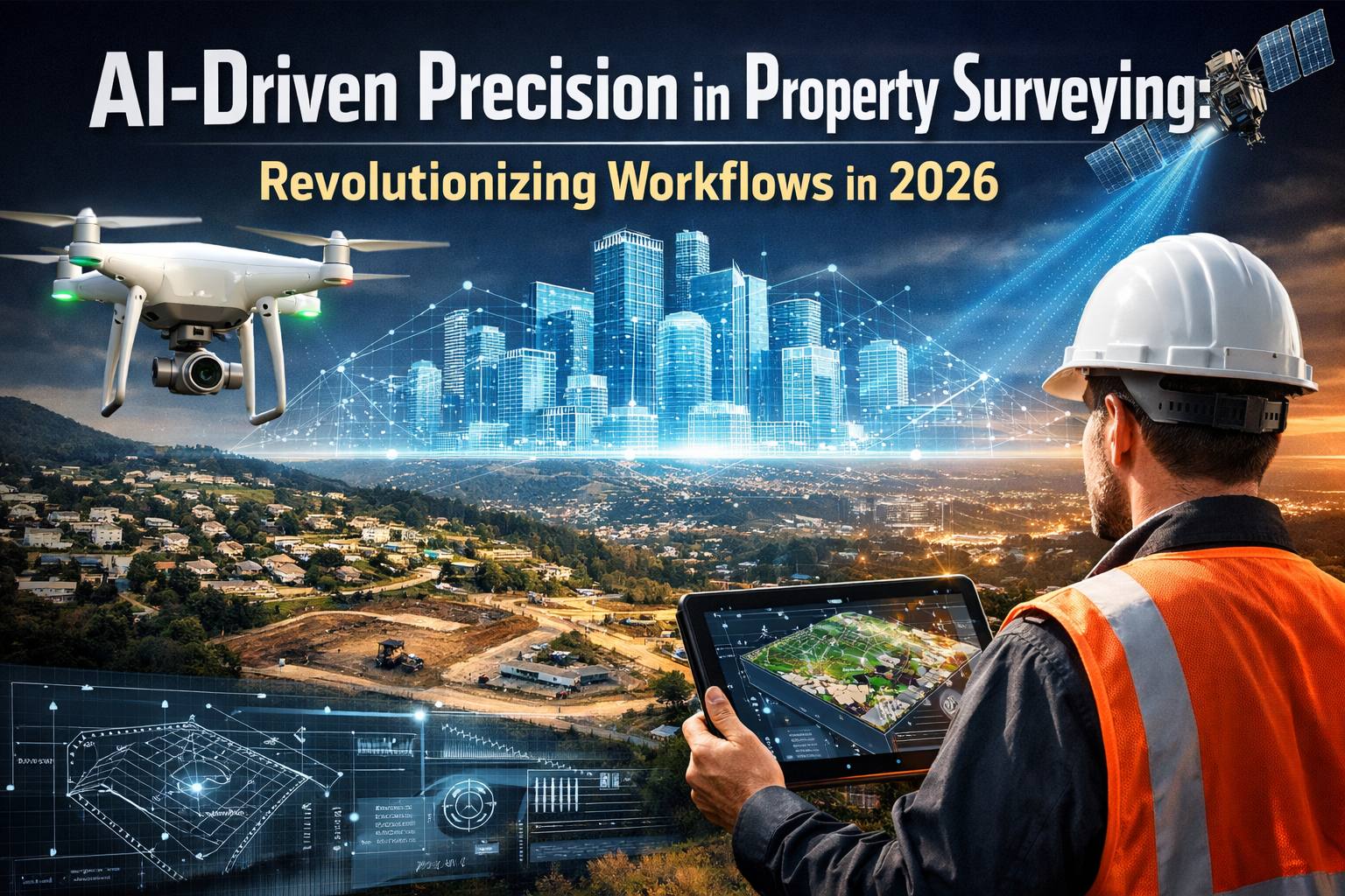 Professional landscape hero image (1536x1024) with bold text overlay: "AI-Driven Precision in Property Surveying: Revolutionizing Workflows
