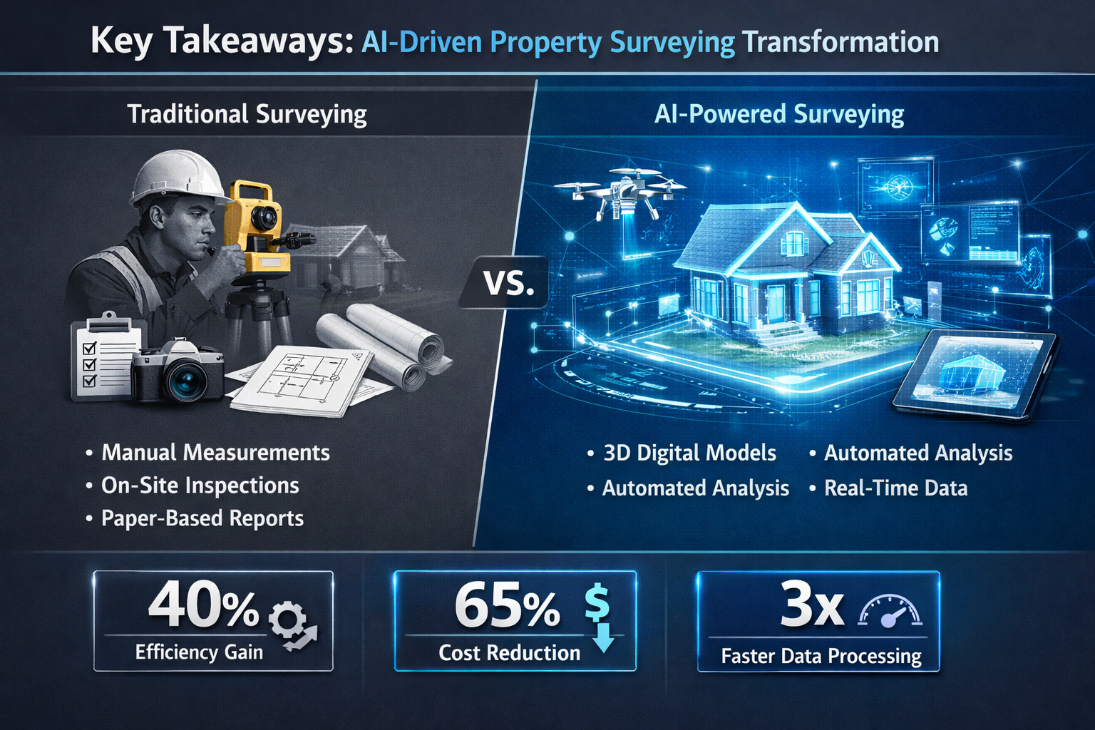 Key Takeaways section infographic visualizing AI-driven property surveying transformation: Split-screen design with futuristic data visualiz
