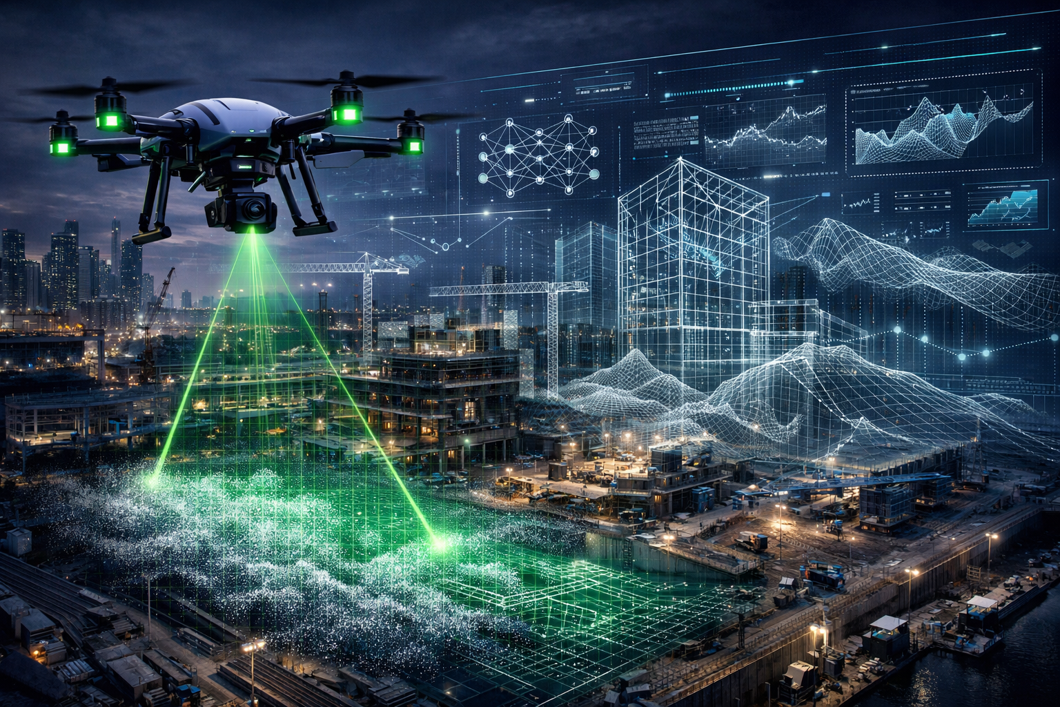 Understanding the AI Revolution in Property Surveying section visual: Immersive landscape showing autonomous drone hovering over complex urb