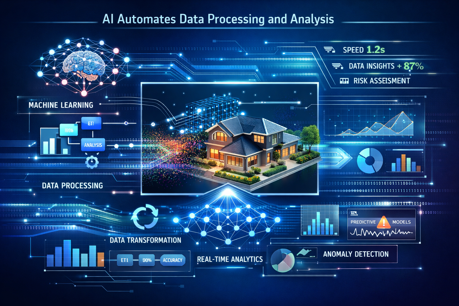 How AI Automates Data Processing and Analysis section graphic: Cutaway view of data processing workflow, featuring neural network visualizat