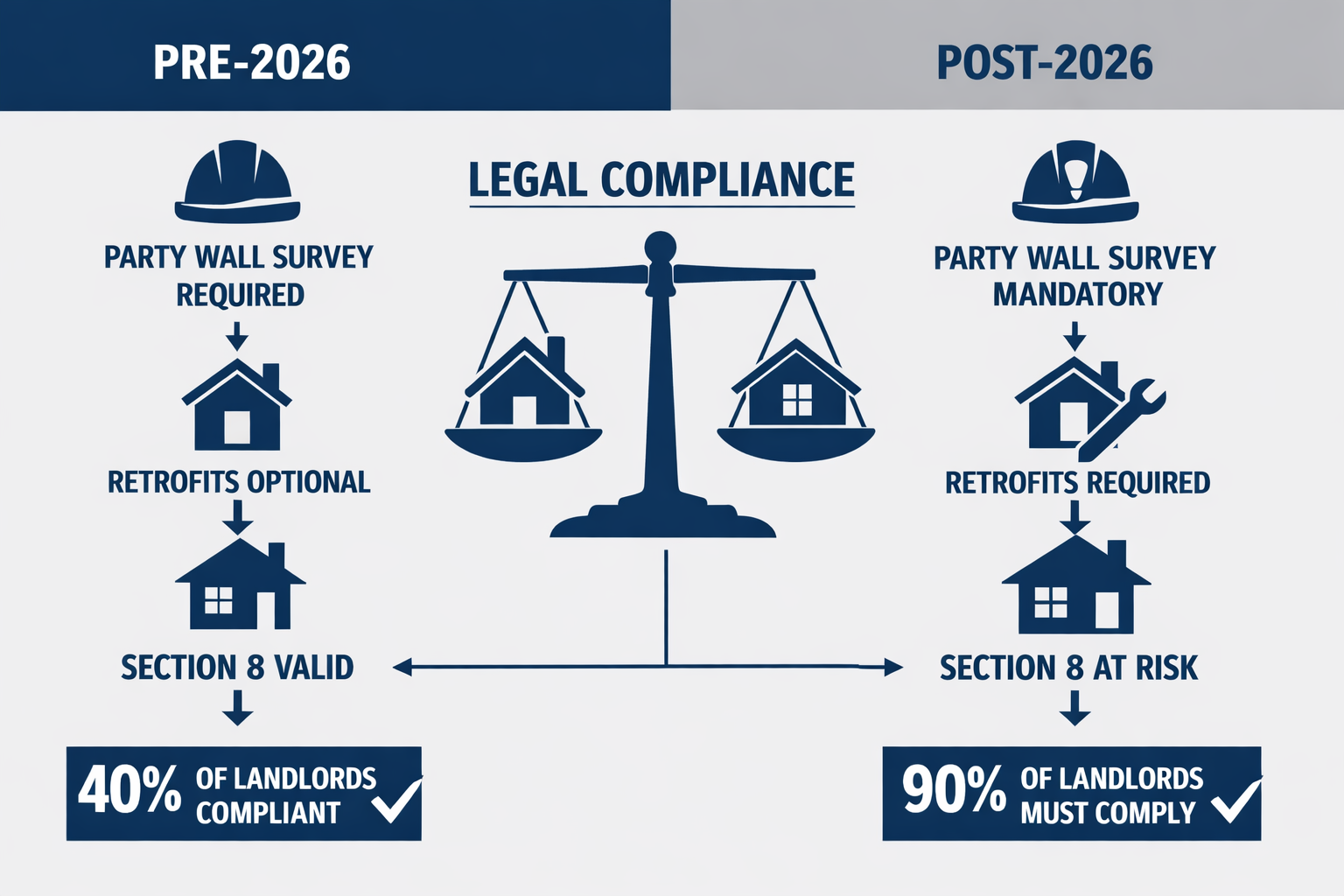 Infographic-style visual for Key Takeaways section depicting legal compliance landscape: Split-screen graphic showing