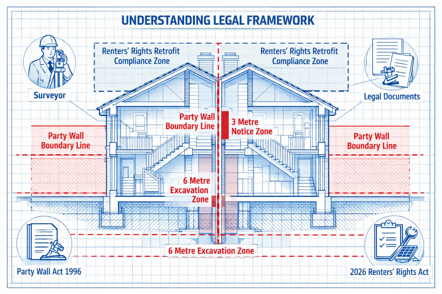 Technical architectural illustration for Understanding Legal Framework section: Cutaway diagram of semi-detached housing