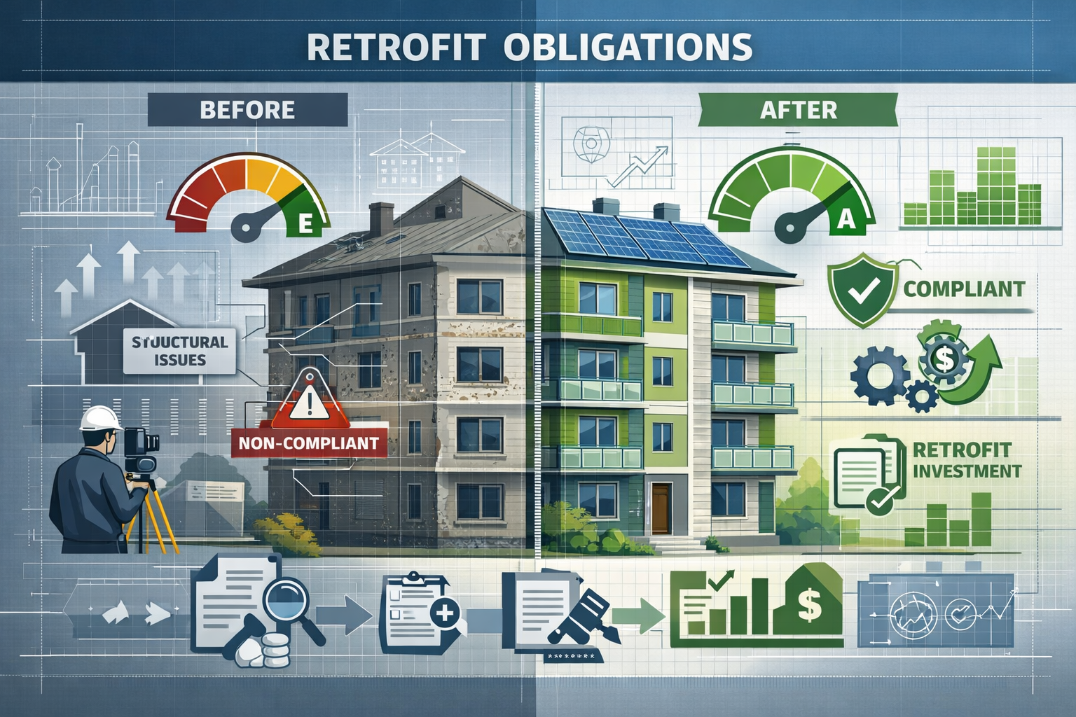 Conceptual engineering visualization for Retrofit Obligations section: Dynamic infographic showing property transformation