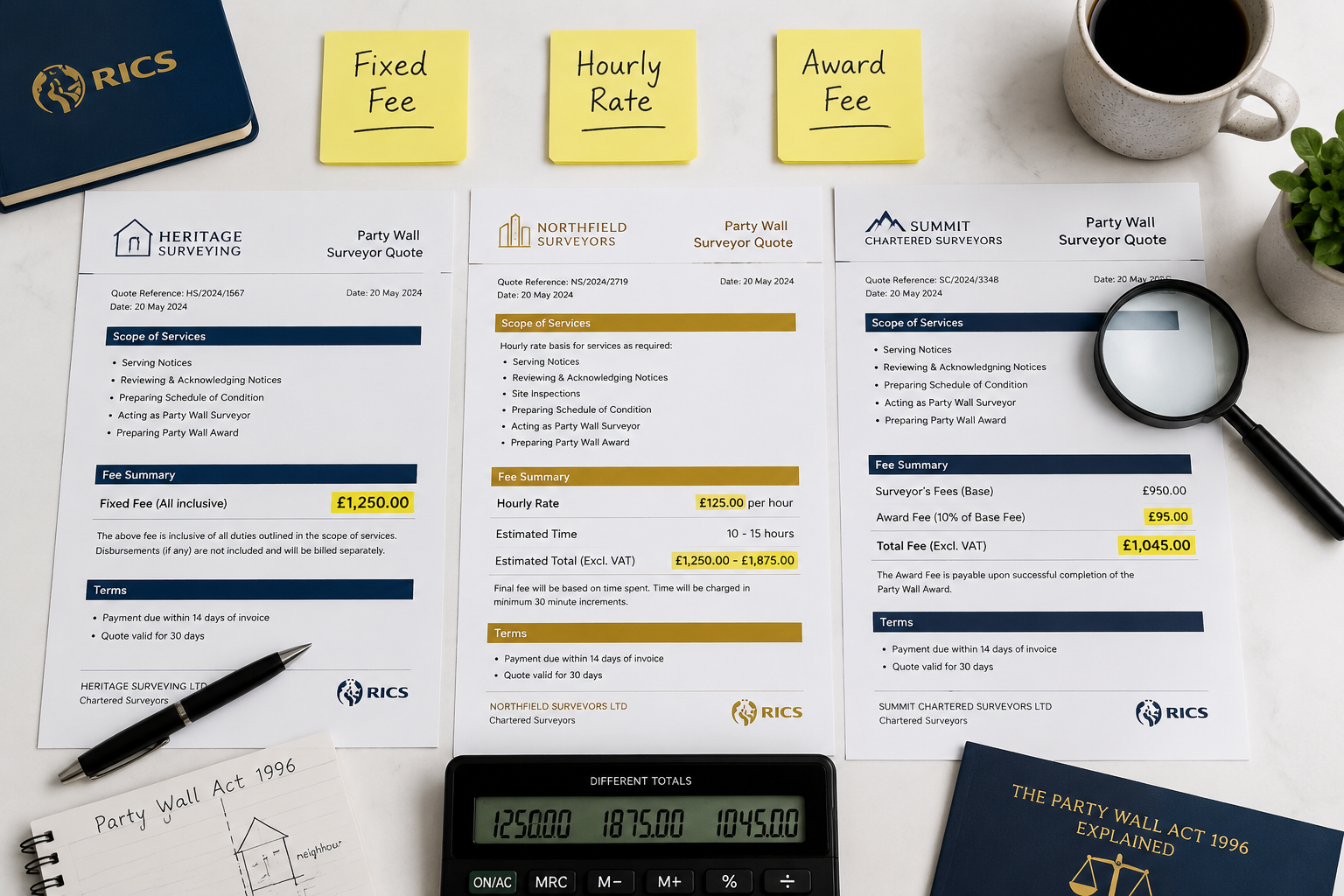 () overhead flat-lay composition on a white desk surface showing three different party wall surveyor quote documents side by