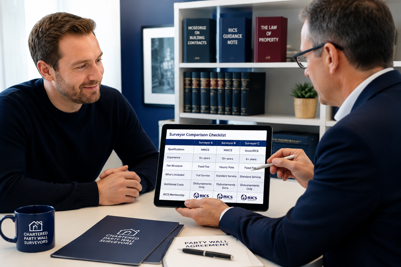 () showing a confident UK homeowner sitting across a desk from a chartered party wall surveyor in a bright modern office,