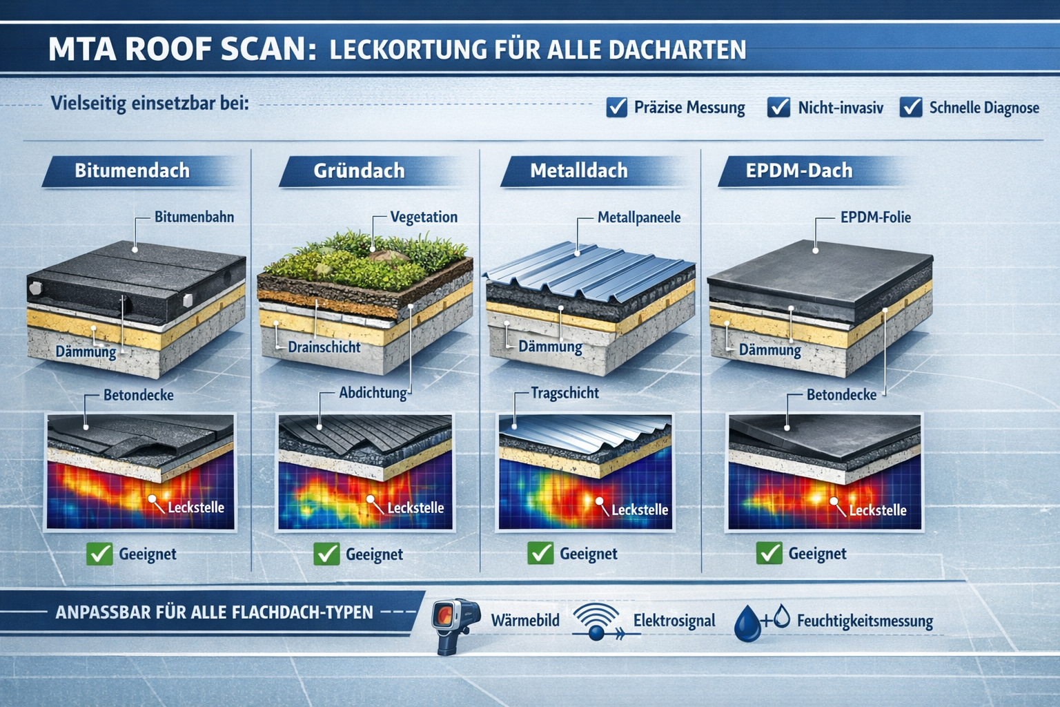 Detailed architectural technical diagram illustrating diverse flat roof types compatible with Roof Scan technology: bitumen