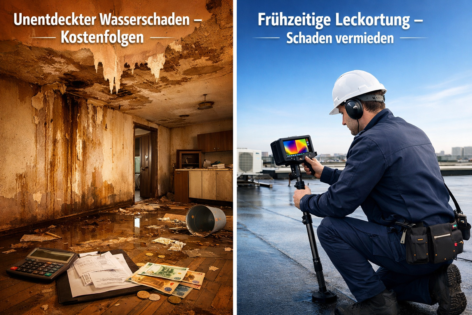 () split-scene showing left side damaged building interior with water stains and peeling ceiling paint labeled 'Unentdeckter