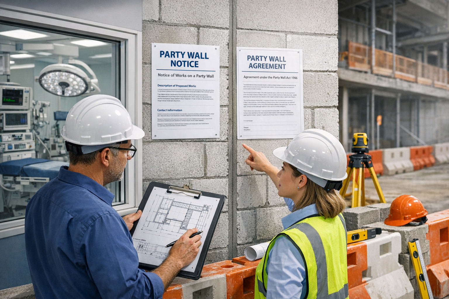 Detailed landscape format (1536x1024) image showing healthcare facility construction team reviewing party wall documentation at shared bound