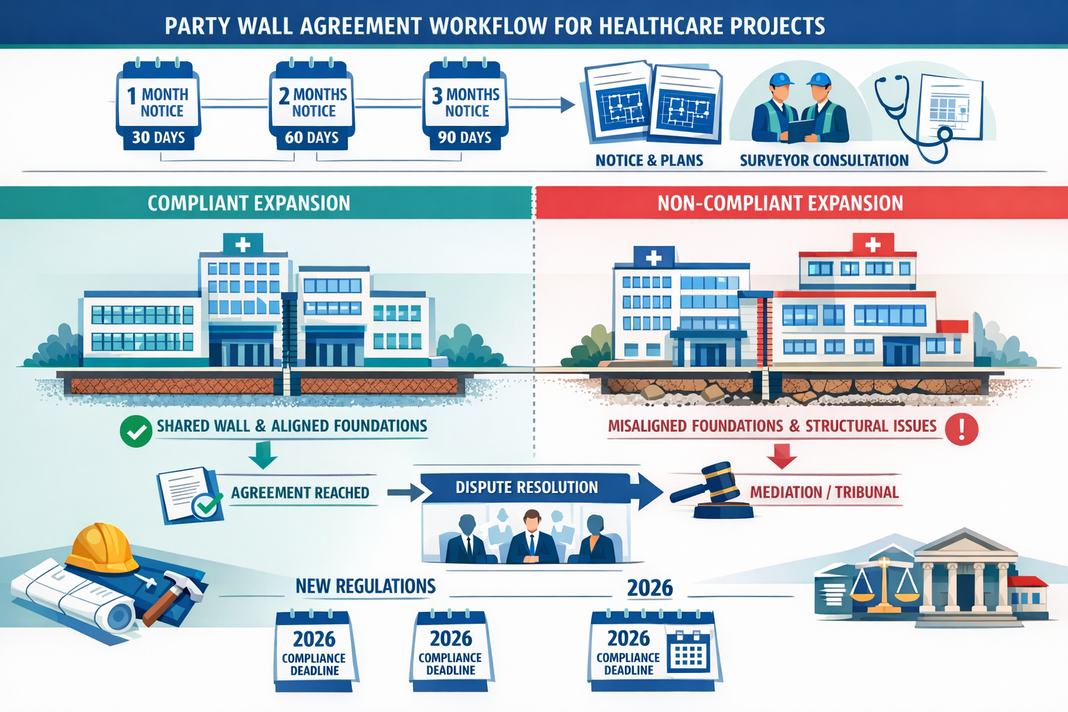 Comprehensive landscape format (1536x1024) infographic-style image displaying party wall agreement workflow for healthcare projects. Visual