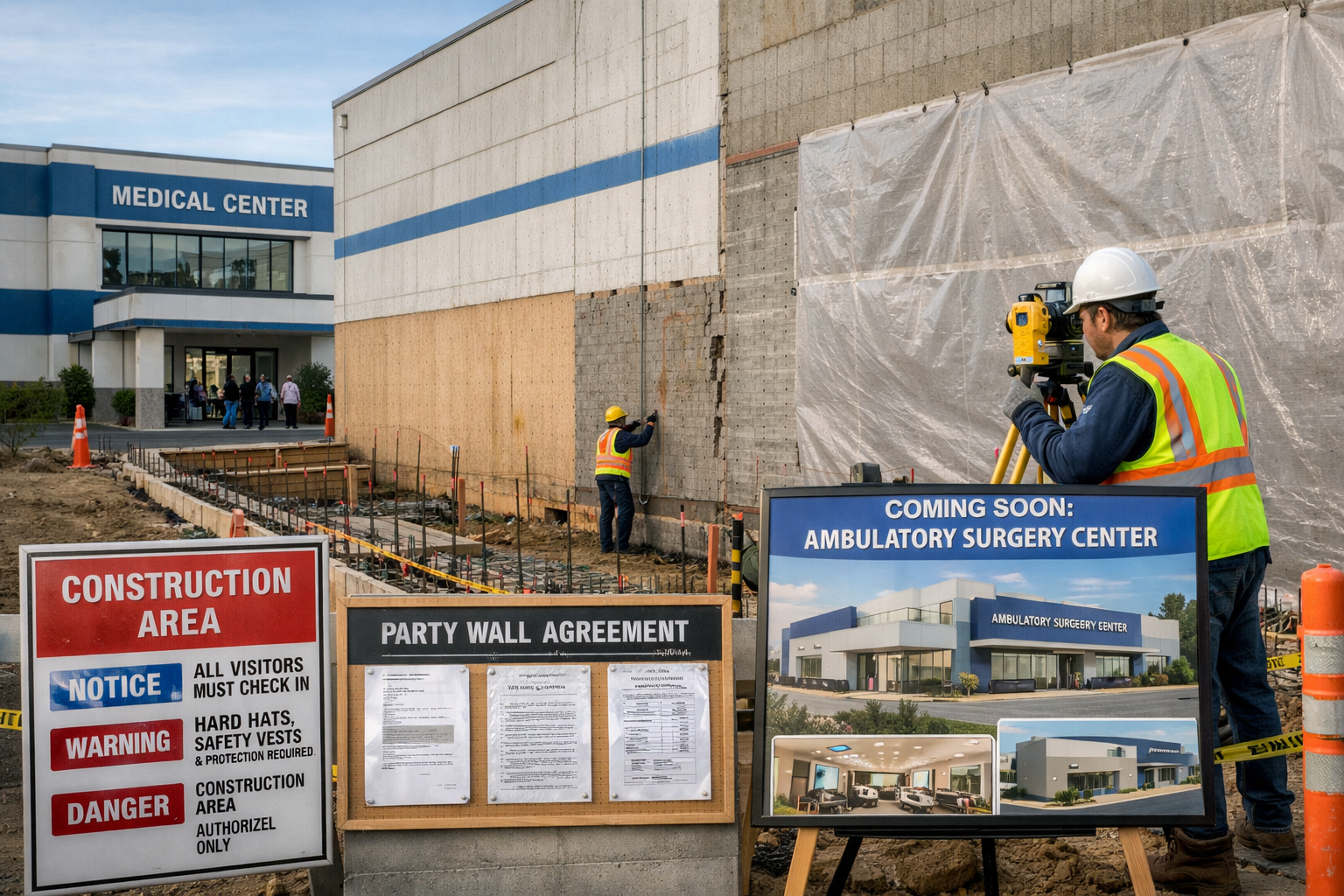 Detailed landscape format (1536x1024) image showing real-world healthcare expansion project: modern ambulatory surgical center (ASC) constru