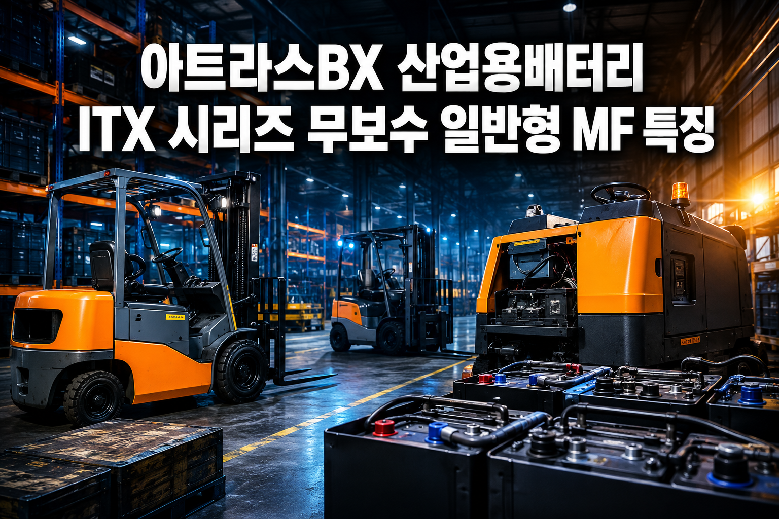 Professional () hero image featuring Korean '아트라스BX 산업용배터리 ITX 시리즈 무보수 일반형 MF 특징' in extra large white with dark drop ,