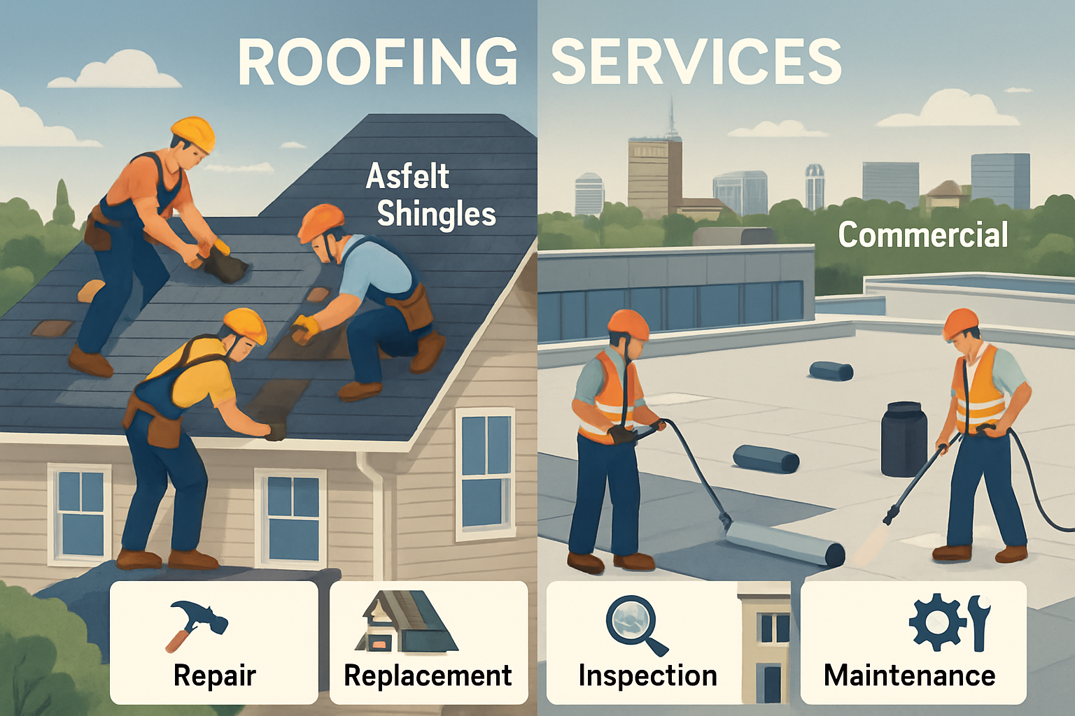 Detailed landscape image (1536x1024) showing comprehensive roofing services comparison chart with split-screen layout: left side displays re