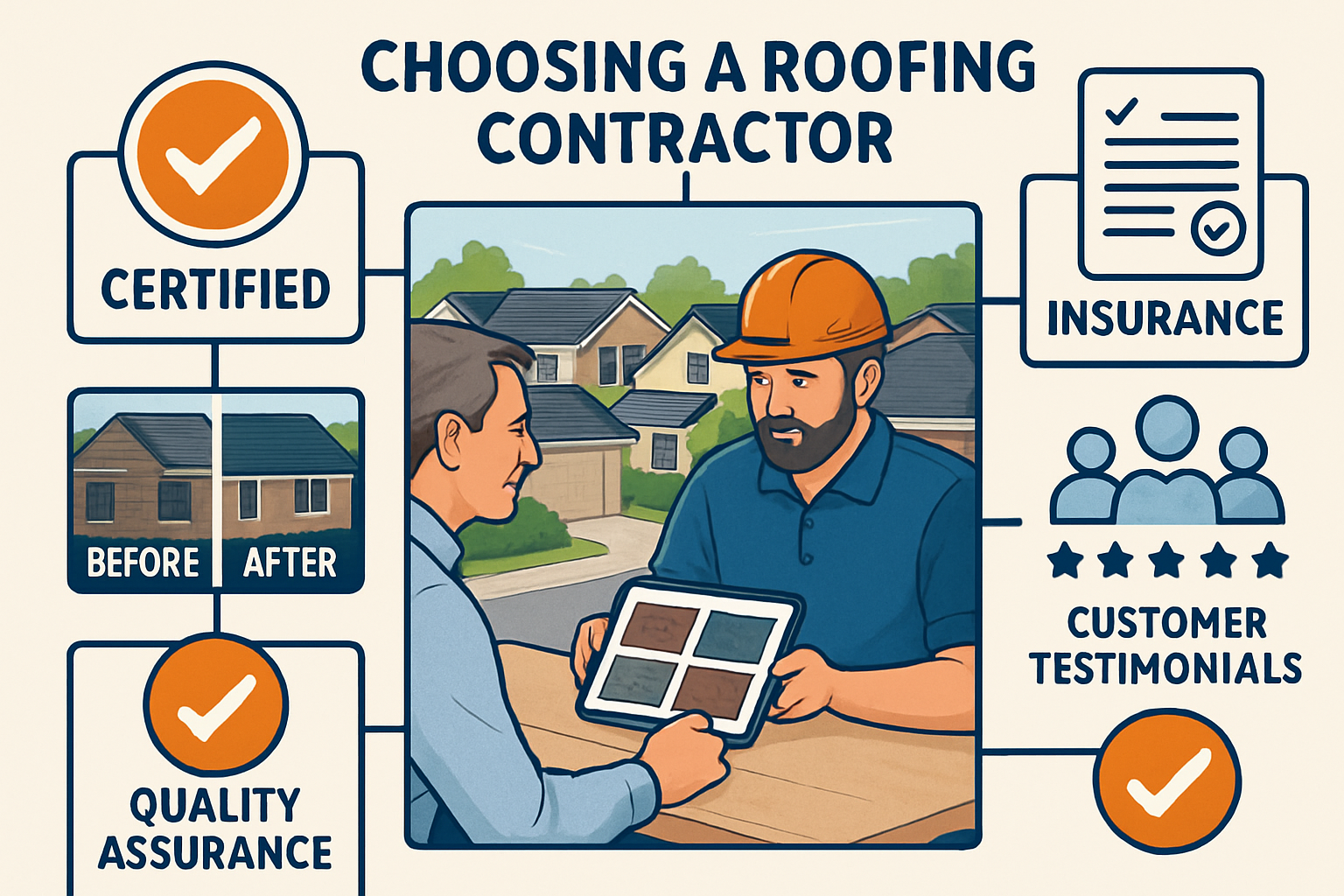 Professional landscape image (1536x1024) depicting roofing contractor selection process with visual decision tree layout. Center shows profe