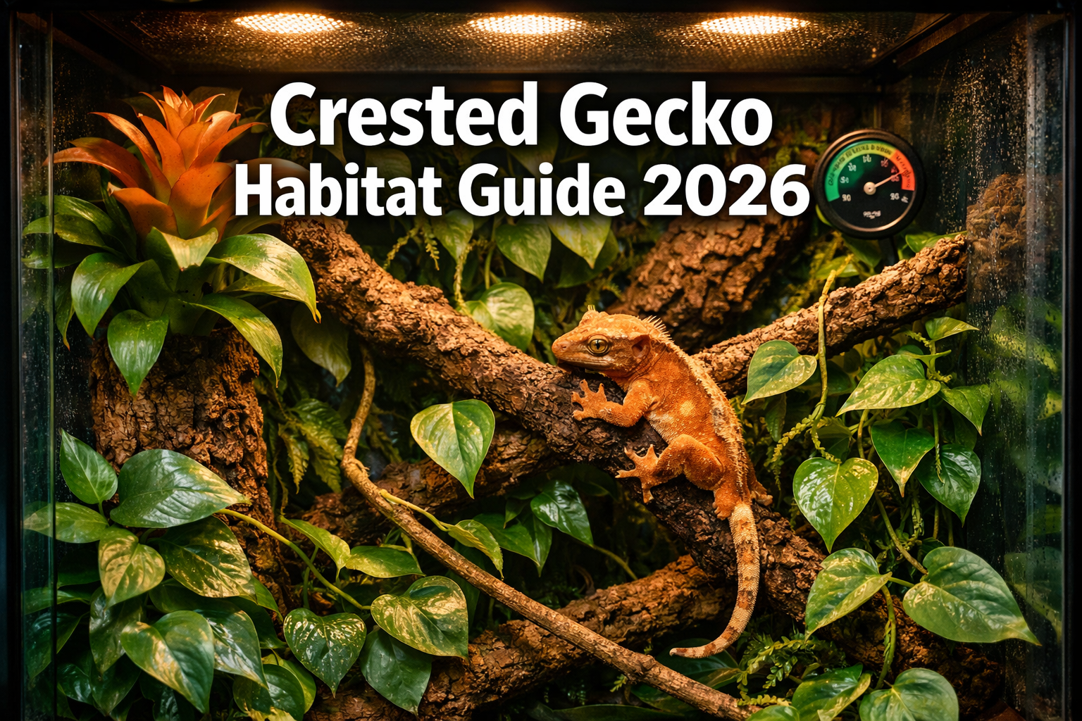 Professional landscape format (1536x1024) hero image featuring bold text overlay 'Crested Gecko Habitat Guide 2026' in extra large 72pt whit