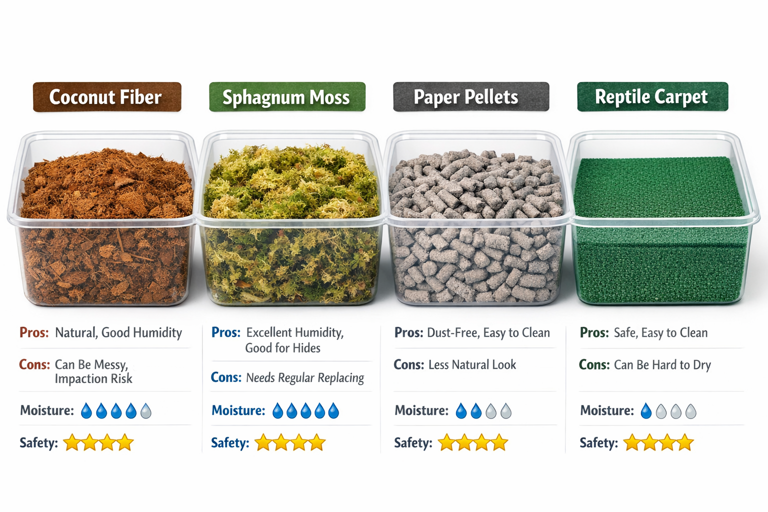 Landscape format (1536x1024) close-up photograph of ideal crested gecko substrate options displayed side-by-side in clear containers: coconu