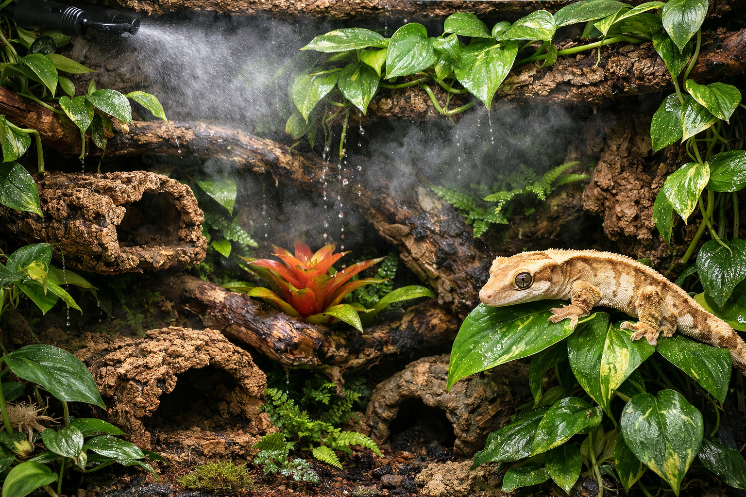 Landscape format (1536x1024) detailed photograph of a beautifully planted crested gecko bioactive habitat showing live pothos vines cascadin