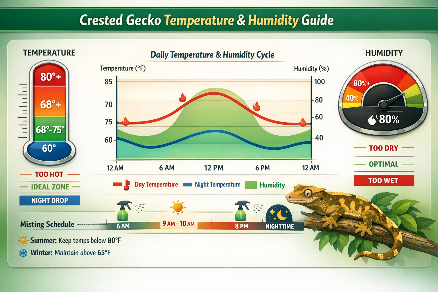 Landscape format (1536x1024) professional infographic showing crested gecko temperature and humidity requirements with dual-axis chart displ