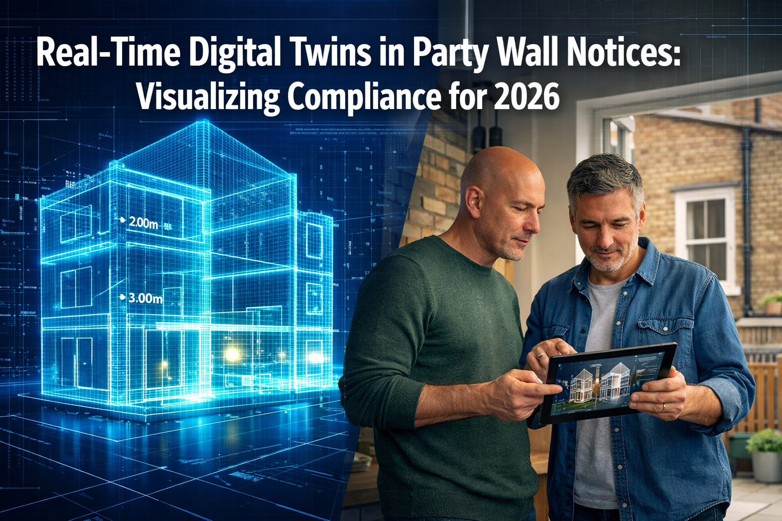 Professional () hero image featuring 'Real-Time Digital Twins in Party Wall Notices: Visualizing Compliance for 2026' in
