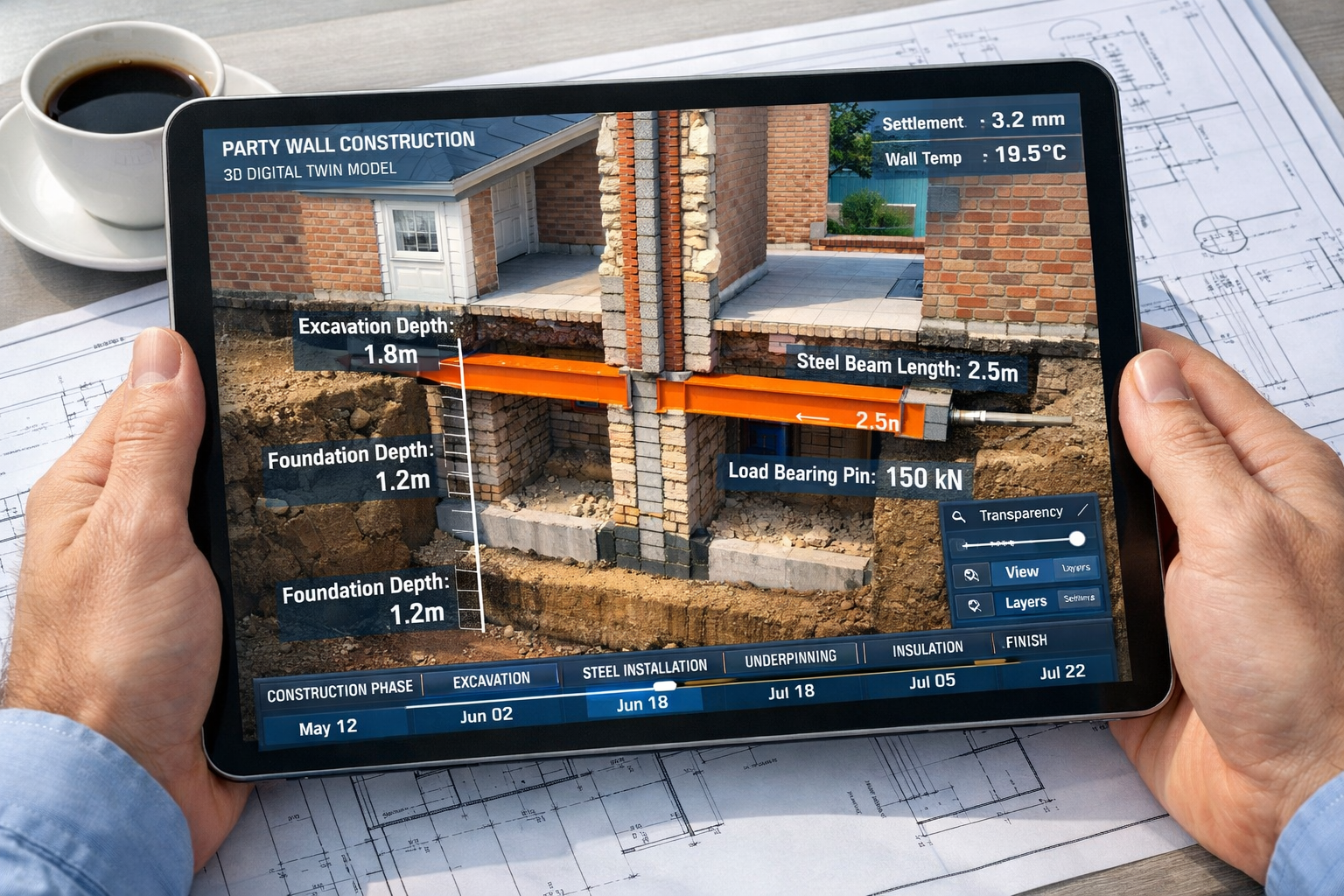 () detailed illustration showing close-up view of tablet screen displaying interactive 3D digital twin model of party wall
