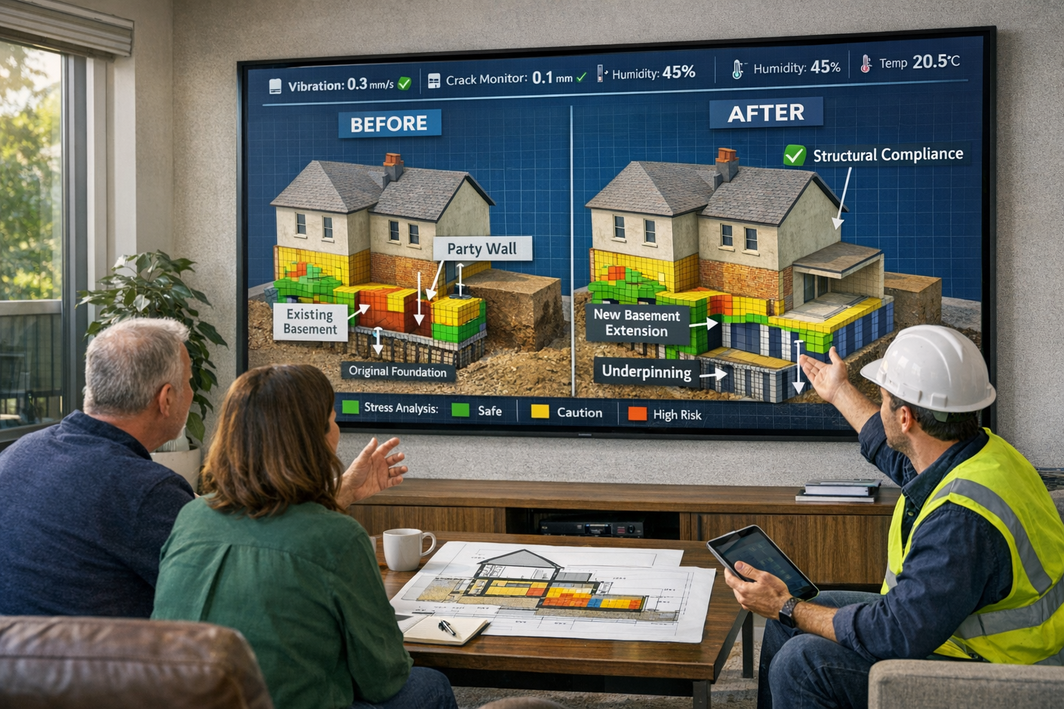 () wide-angle scene depicting neighbour meeting in modern living room with large wall-mounted display showing synchronized