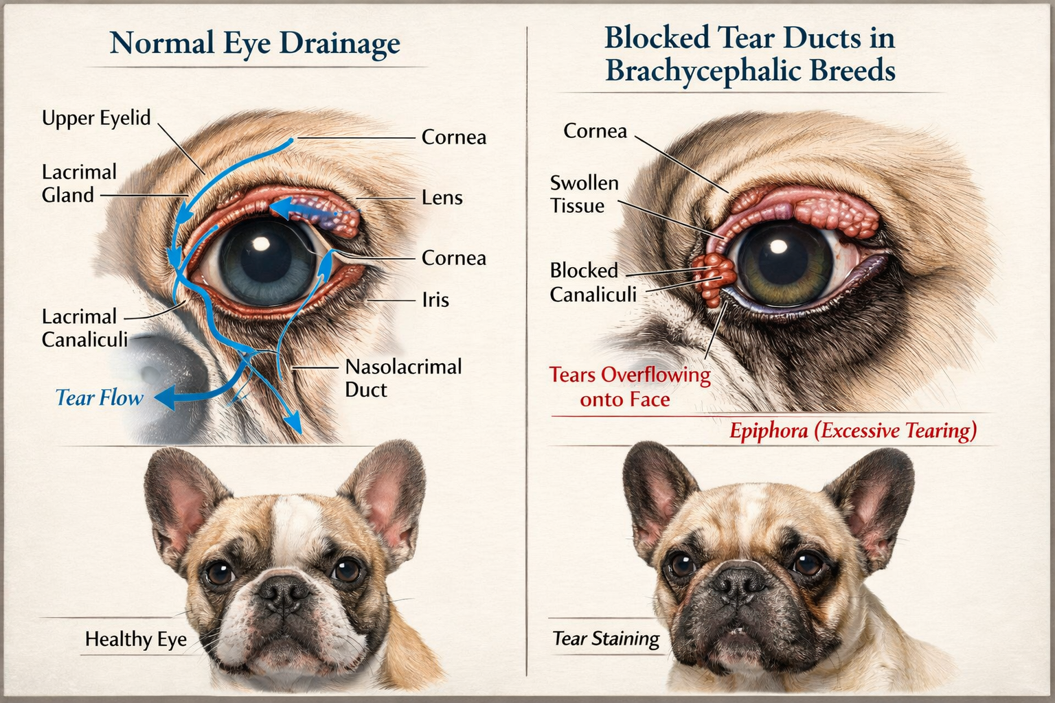 Detailed landscape format (1536x1024) image showing French Bulldog anatomy diagram focusing on eye structure, tear ducts, and facial feature