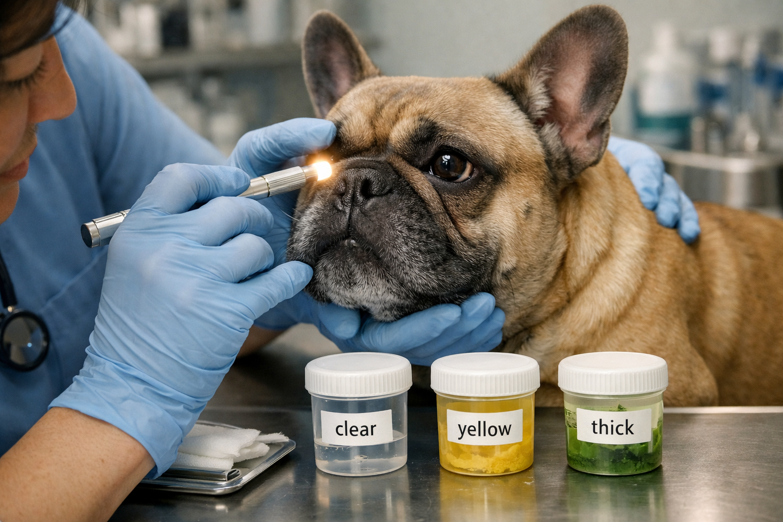 Landscape format (1536x1024) veterinary examination scene showing a French Bulldog being gently examined by a veterinarian wearing gloves. C