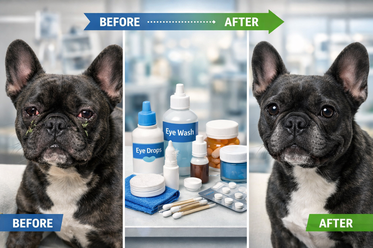 Landscape format (1536x1024) split-panel image showing before and after treatment results for French Bulldog eye conditions. Left side shows