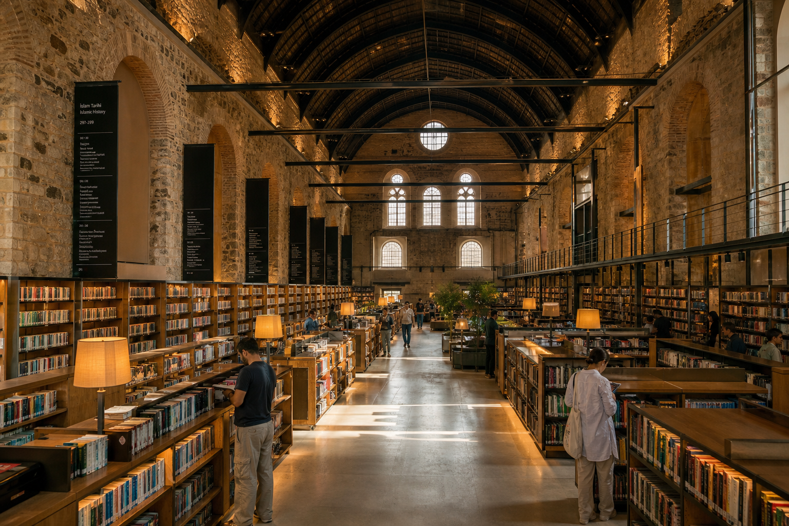 () editorial photograph showing the interior of Rami Library Istanbul, converted from 18th-century military barracks,