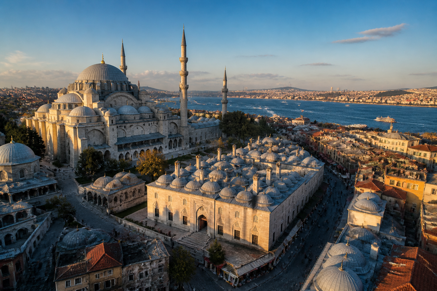 () wide-angle aerial view of Istanbul's historic Fatih district showing the S&uuml;leymaniye Mosque complex with the adjacent