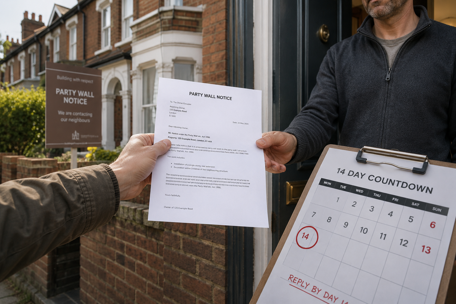 Wide-angle editorial illustration of a formal party wall notice letter being handed between two neighbours at a front door,