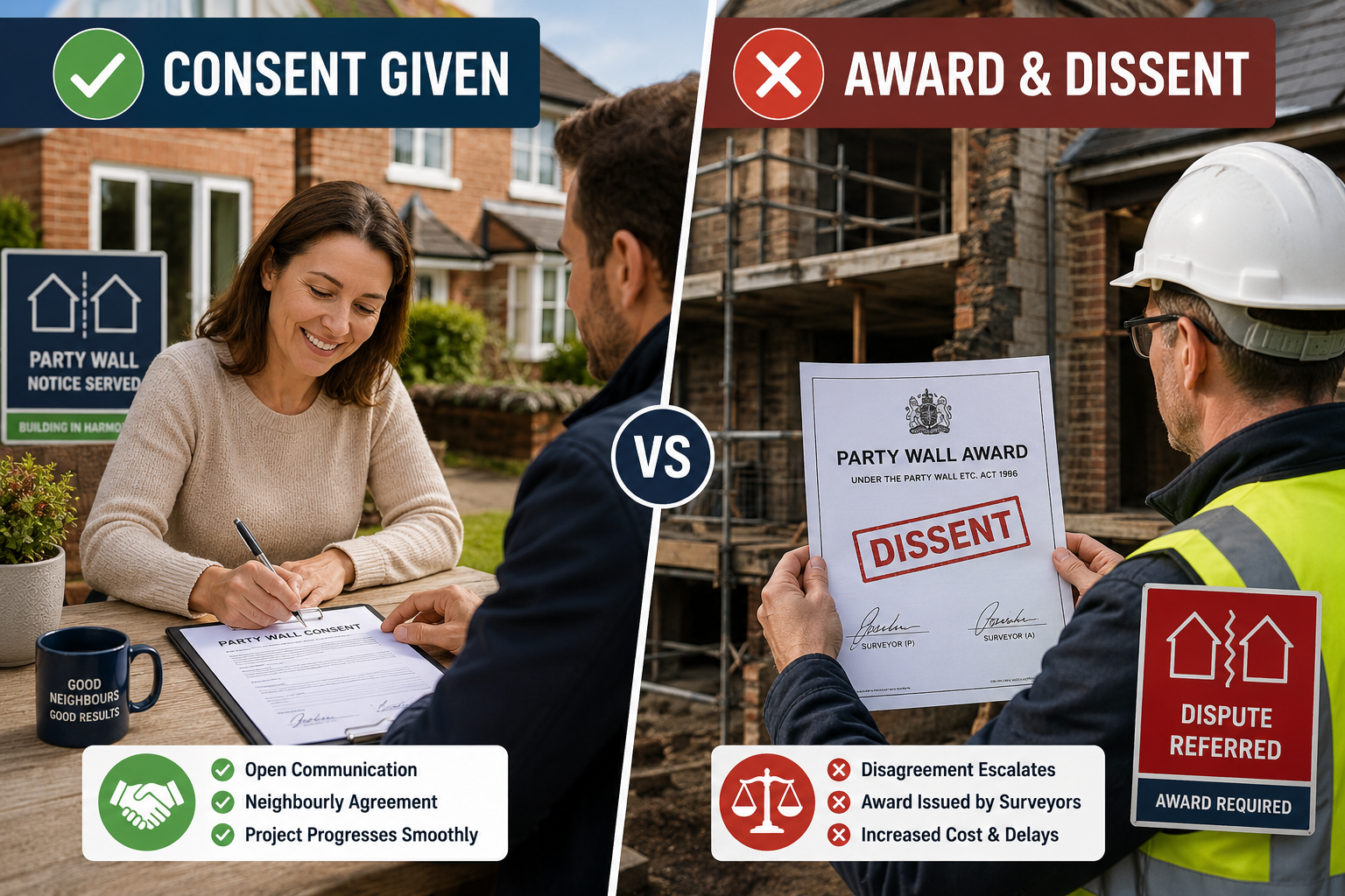 Split-scene infographic-style editorial image showing two contrasting scenarios side by side: left panel shows a neighbour