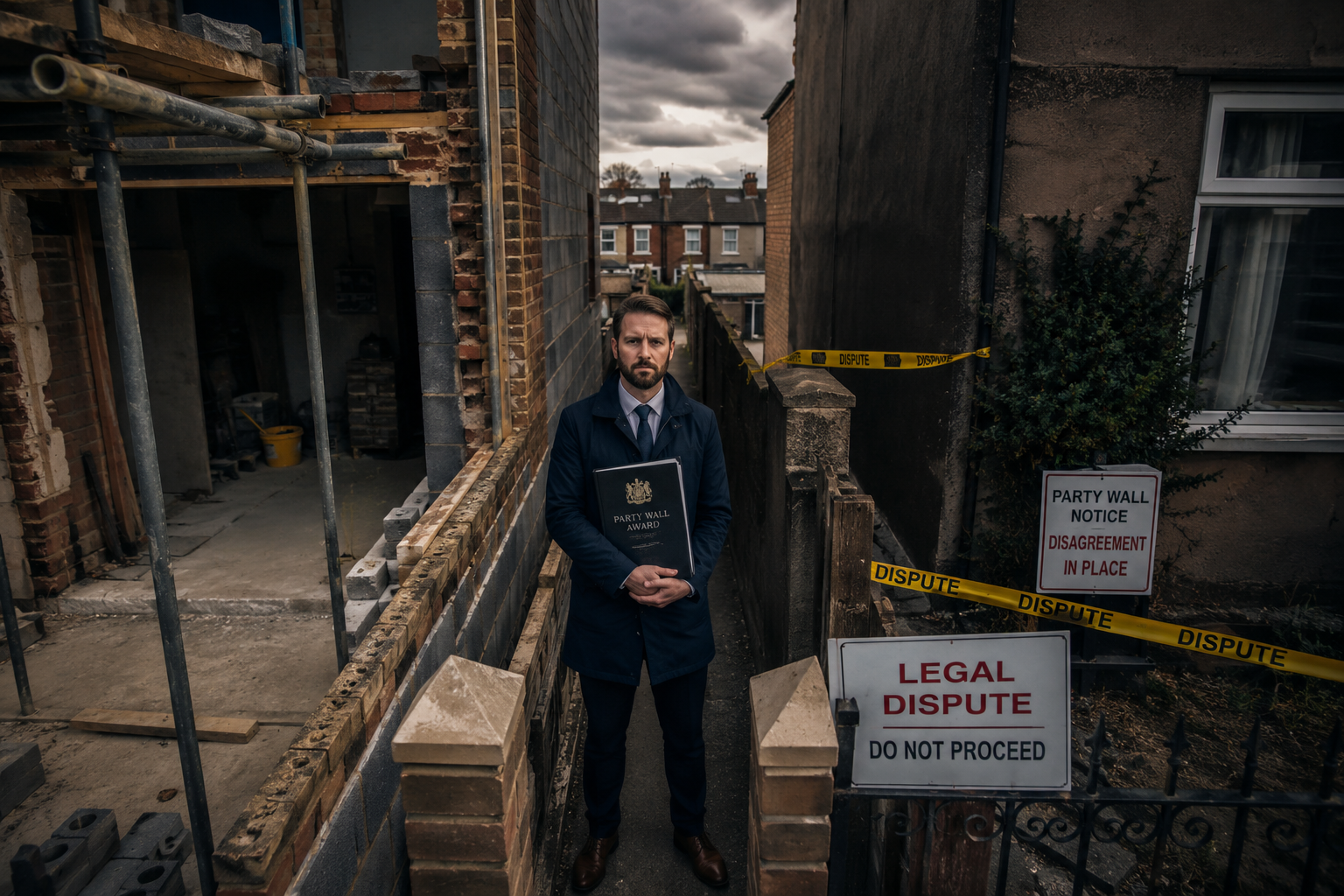 Dramatic wide-angle shot of a party wall surveyor in professional attire standing between two adjoining properties, holding