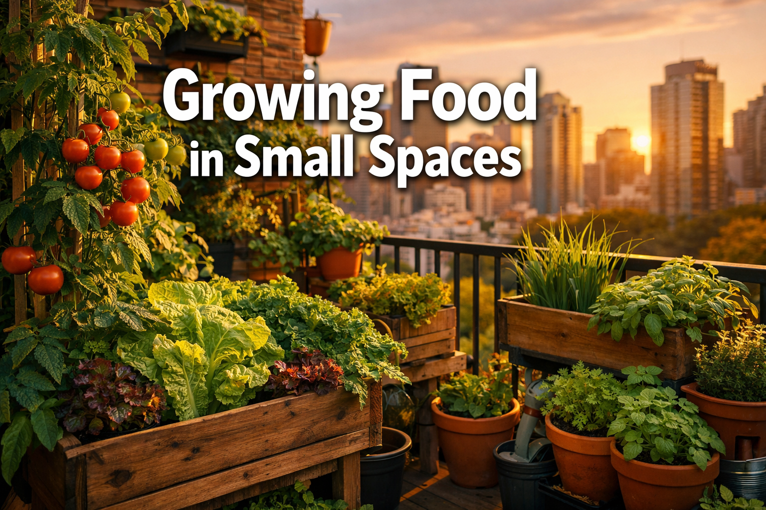 All images must be as if shot with an SLR camera Professional () hero image with 'Growing Food in Small Spaces' in extra